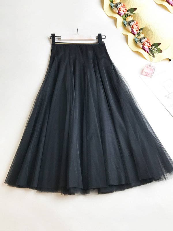 Solid Color Loose Elastic-Waist Mesh Skirt Black
