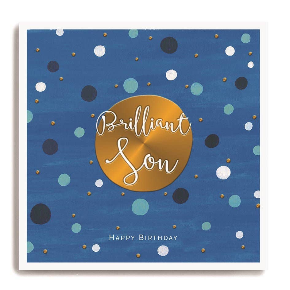 Large Happy Birthday Son Card - Blue Spotty & Gold Disc