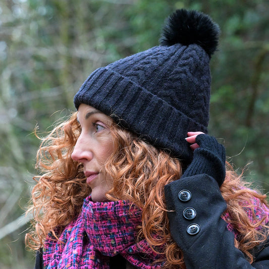 Black Recycled Herringbone Bobble Hat