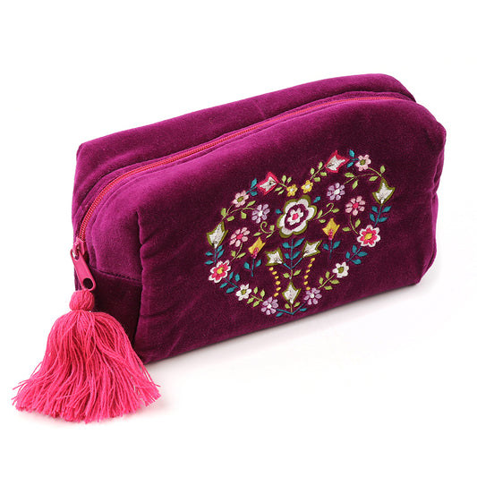 Wine velvet floral heart embroidered wash bag