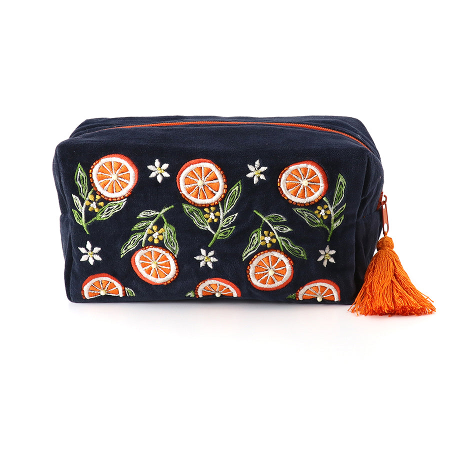 Navy velvet oranges embroidered wash bag