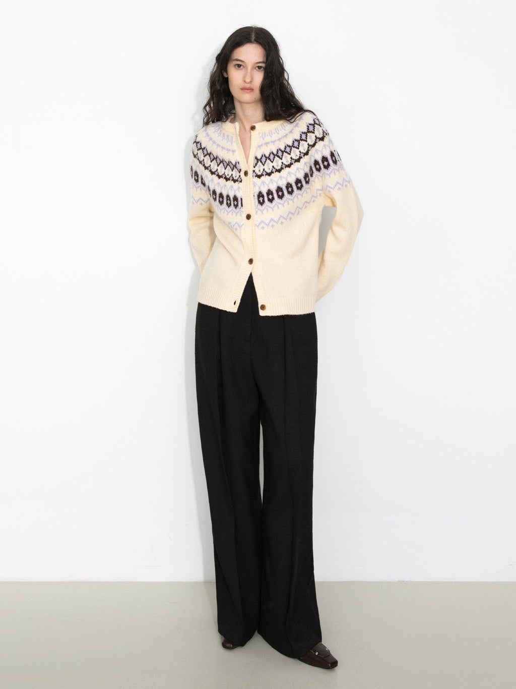 100% Wool Fair Isle Wool Knit Cardigan: Brown / S
