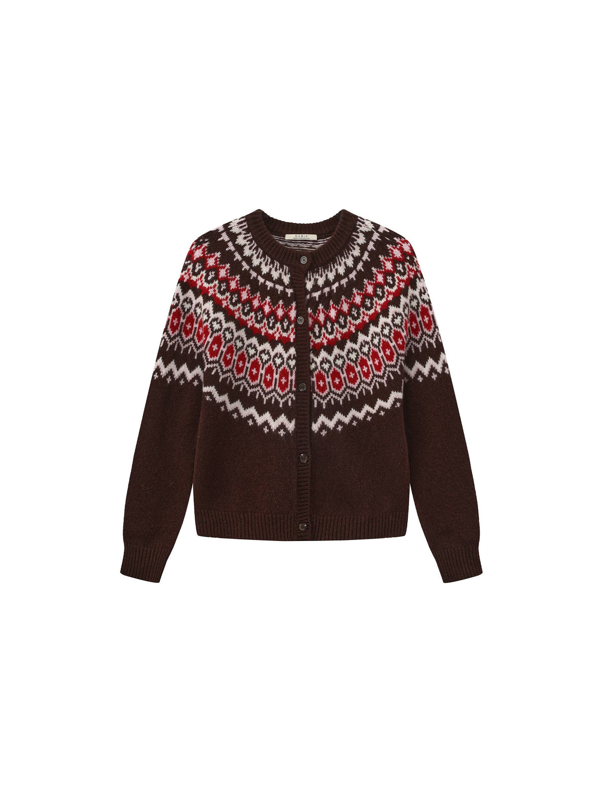 100% Wool Fair Isle Wool Knit Cardigan: Brown / S
