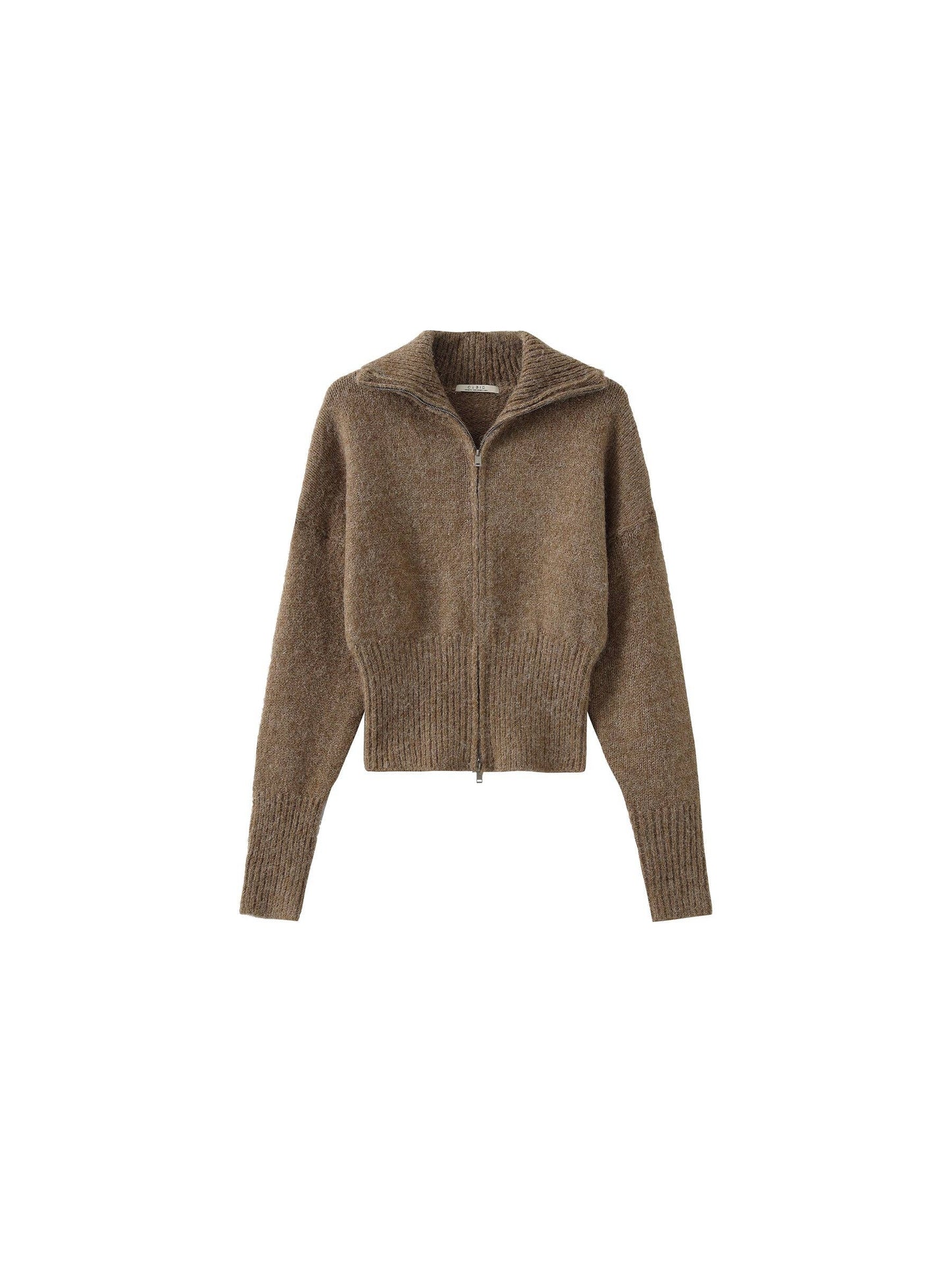 Retro Stand Collar Zip-Up Cardigan: Khaki / M