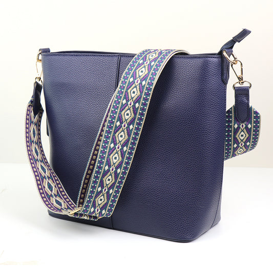 Navy Vegan Leather shoulder bag with pattern strap