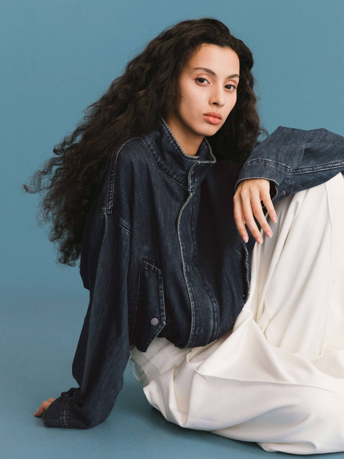 Funnel Neck Denim Jacket: SteelBlue / UN