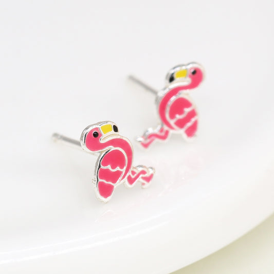 Sterling Silver and Enamel Flamingo  Earrings