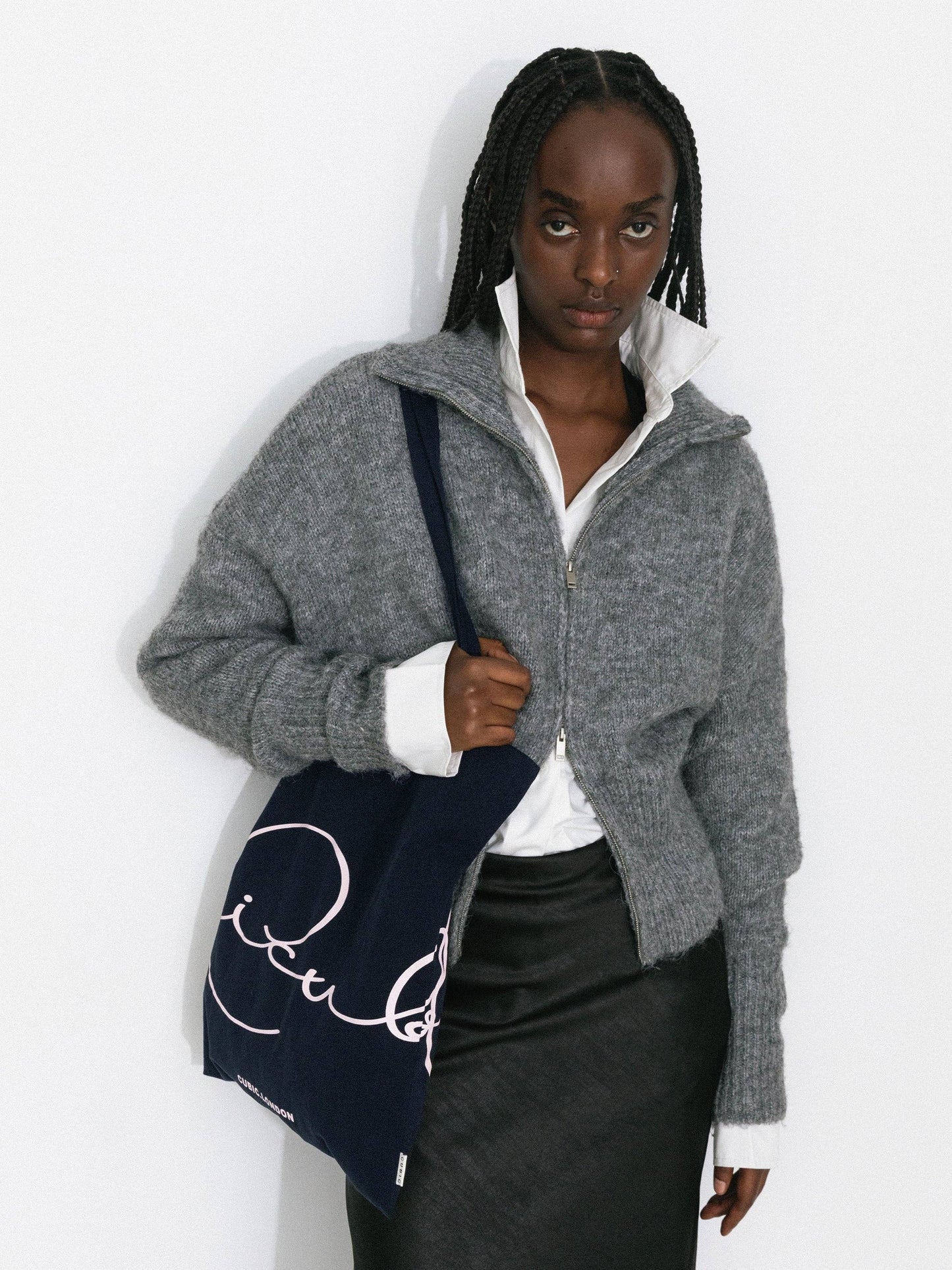 Retro Stand Collar Zip-Up Cardigan: Khaki / M