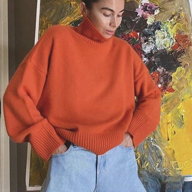 Loose Fit Solid Color Turtleneck Knit Sweater: KHAKI
