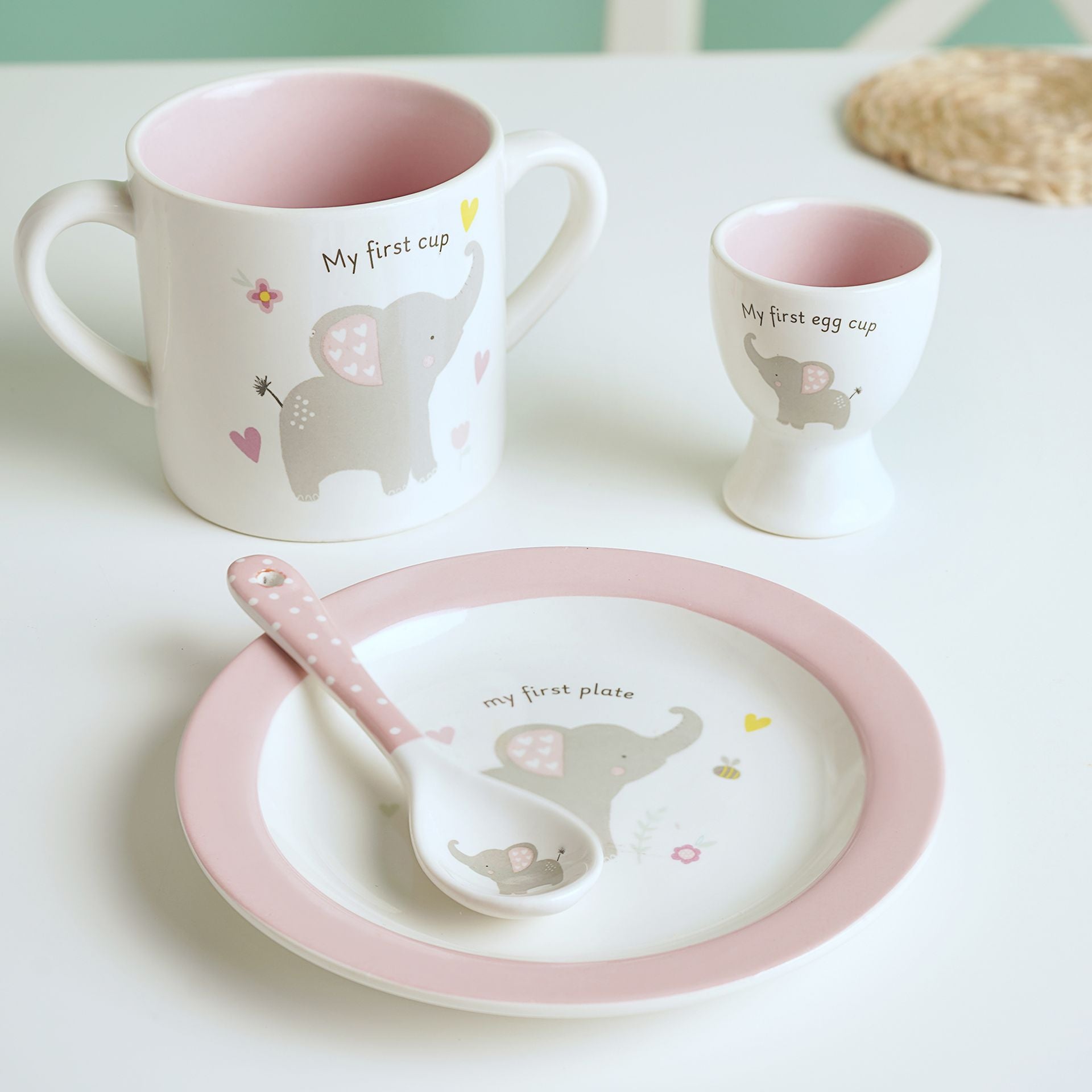 Hello Baby 3 Piece Bowl, Egg Cup & Spoon Set Pink
