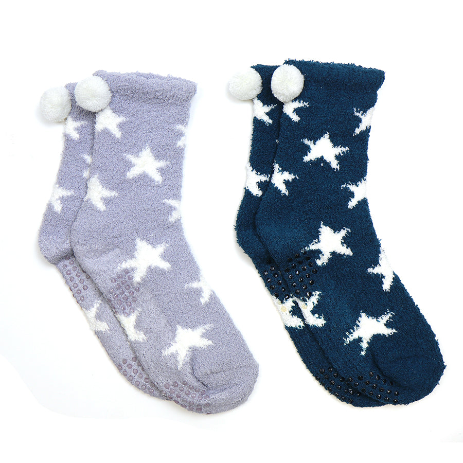 WHITE AND BLUE STAR  fluffy sock duo with contrast heels