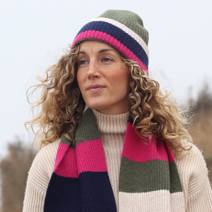 Green and pink mix ribbed beanie hat