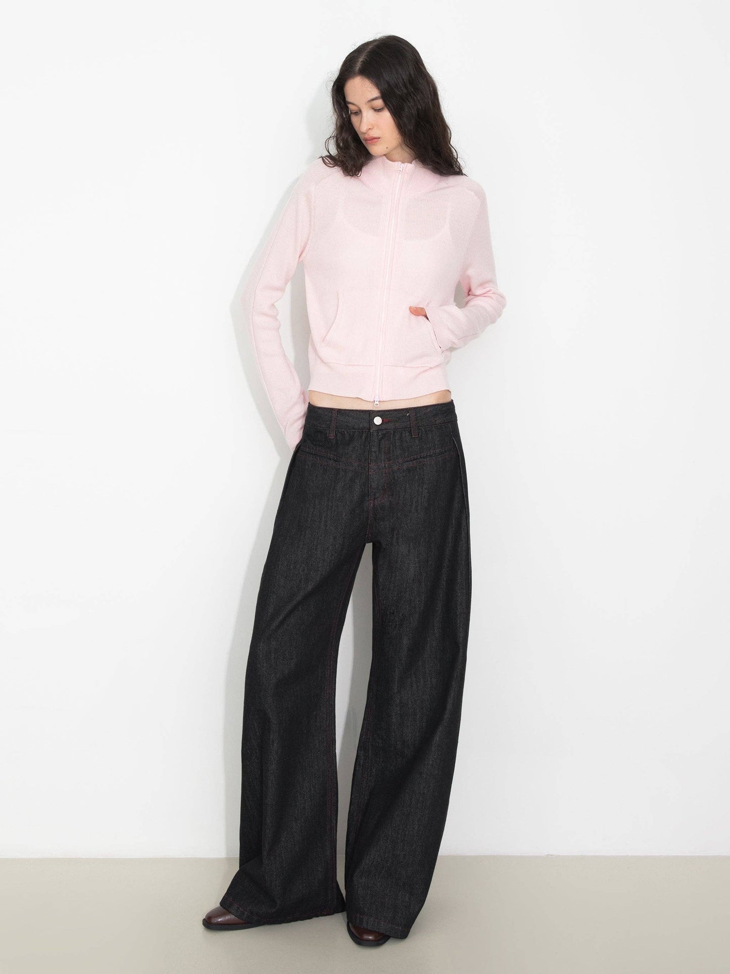 Vintage Curved Wide-Leg Trousers: Navy / M