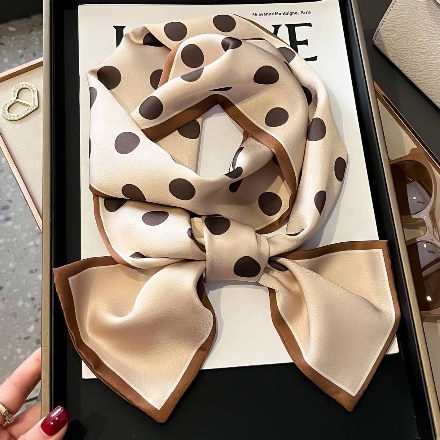 Polka Dot Satin Feel Neck Beige Scarf