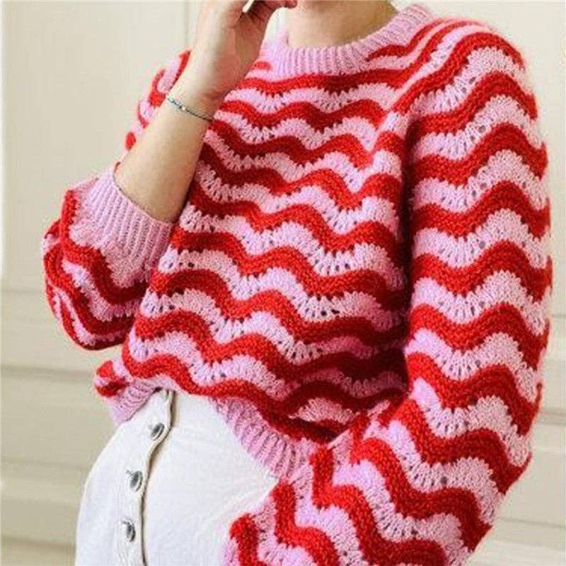Round Neck Color Block Wave Stripe Sweater: PINK / S