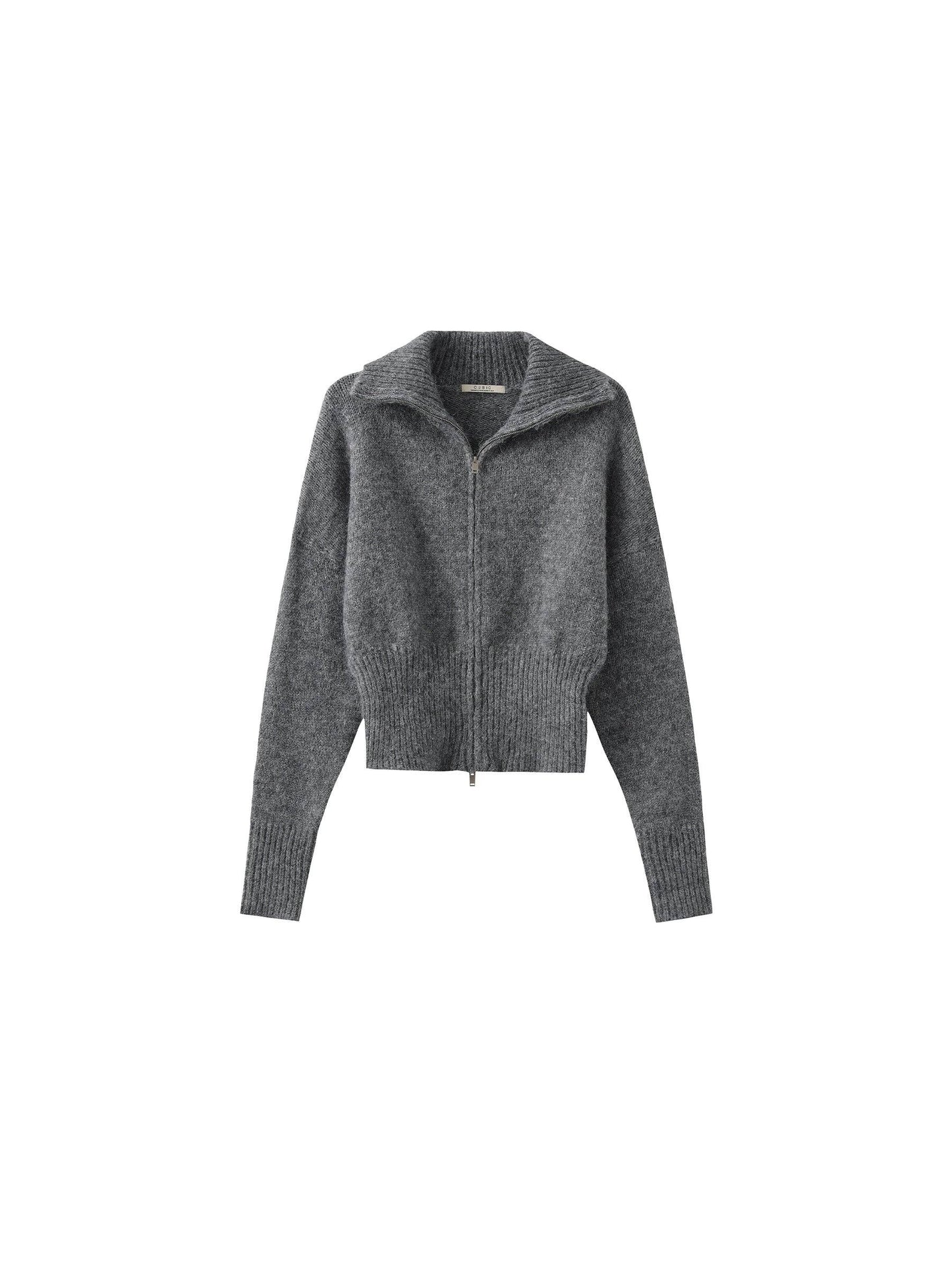 Retro Stand Collar Zip-Up Cardigan: Khaki / M