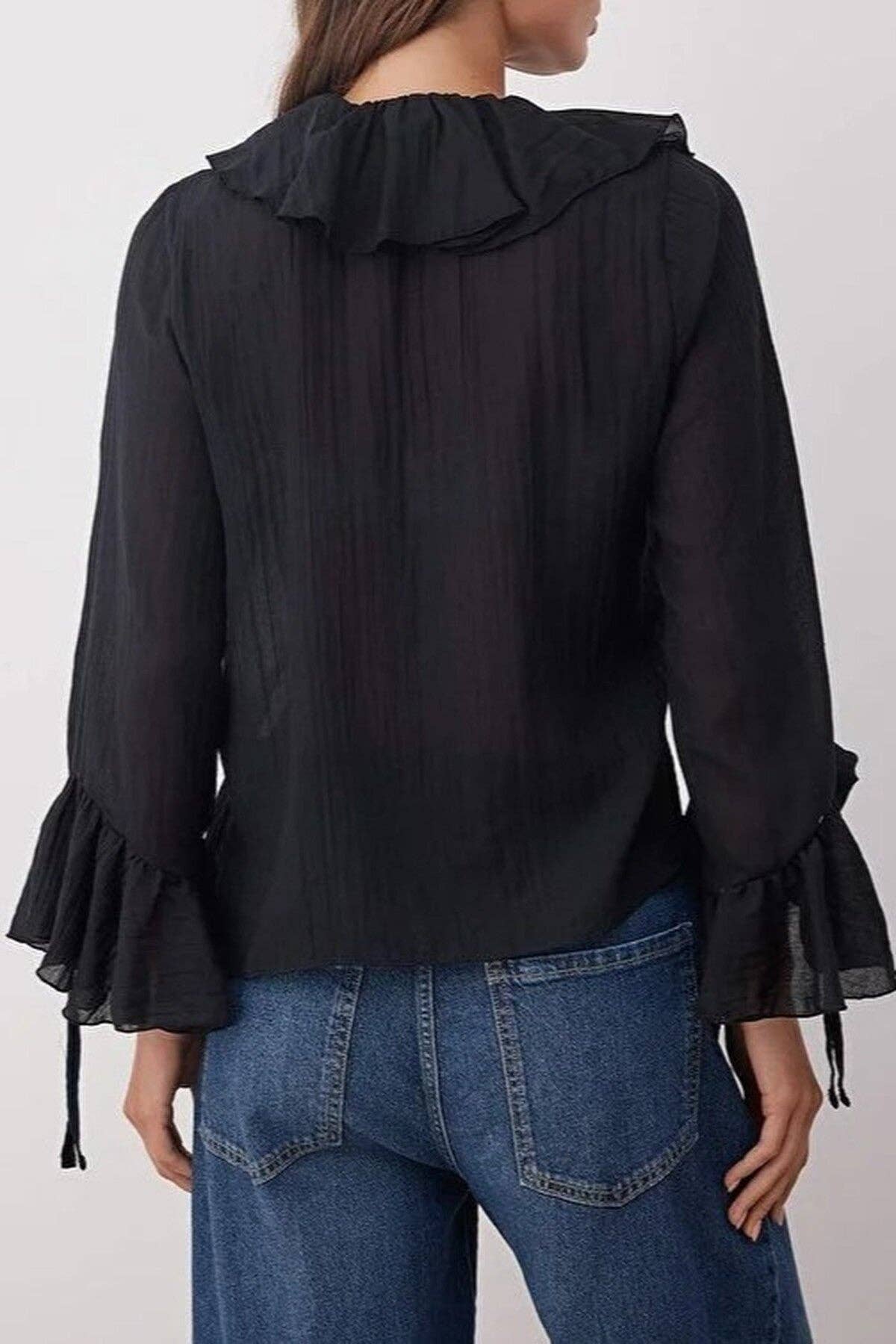 Ruffled Boho Long-Sleeve Woven Blouse: Black / 14