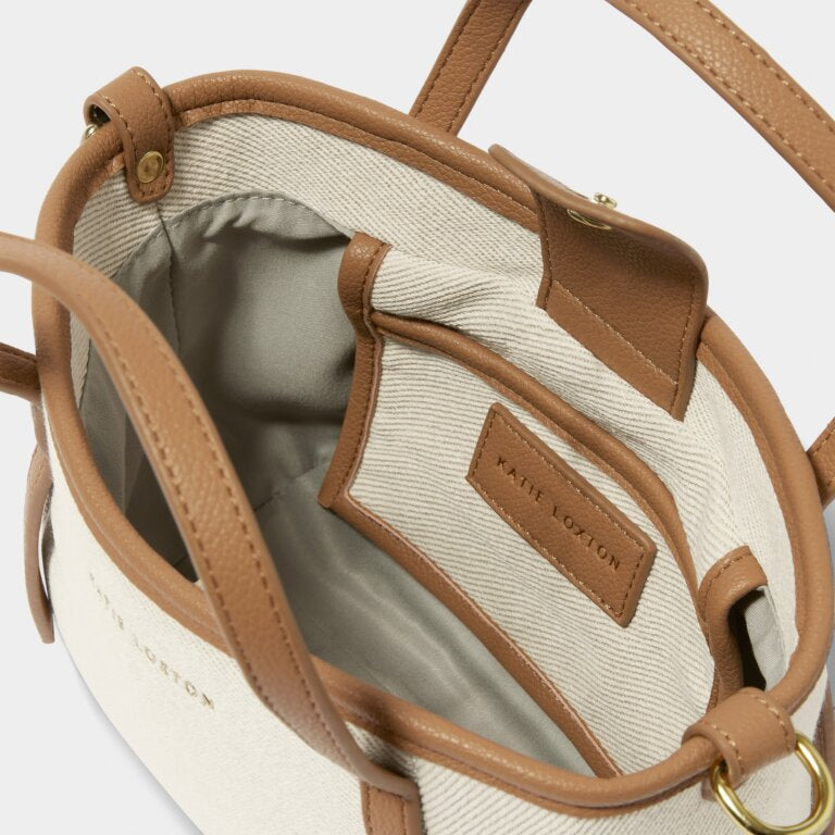 CAPRI CANVAS MINI TOTE BAG IN OFF WHITE & TAN