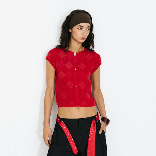 Cropped Knit Short-Sleeve Cardigan: Red / UN