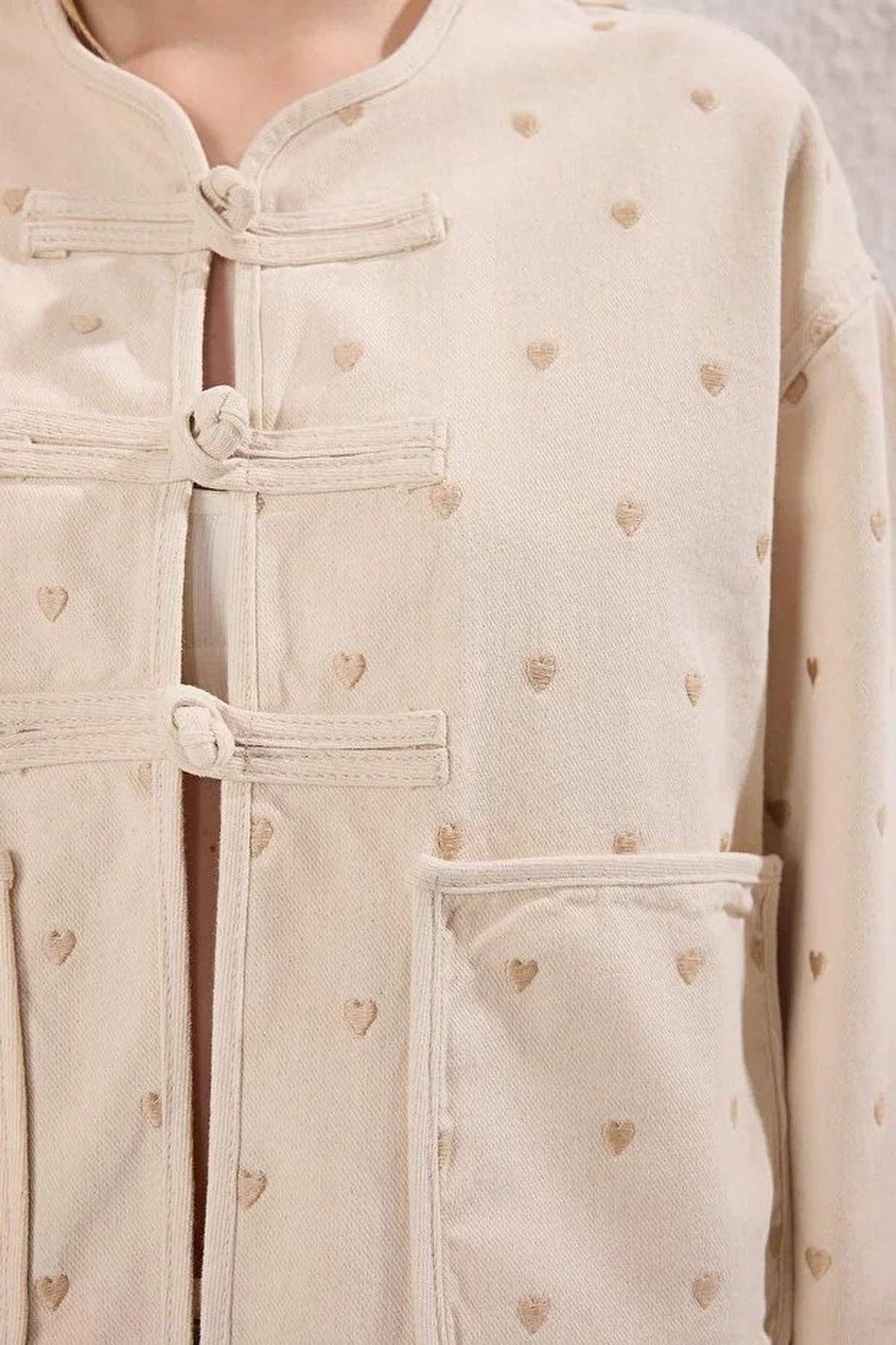 Denim Jacket with Heart Embroidery and Pocket Details: Beige / L