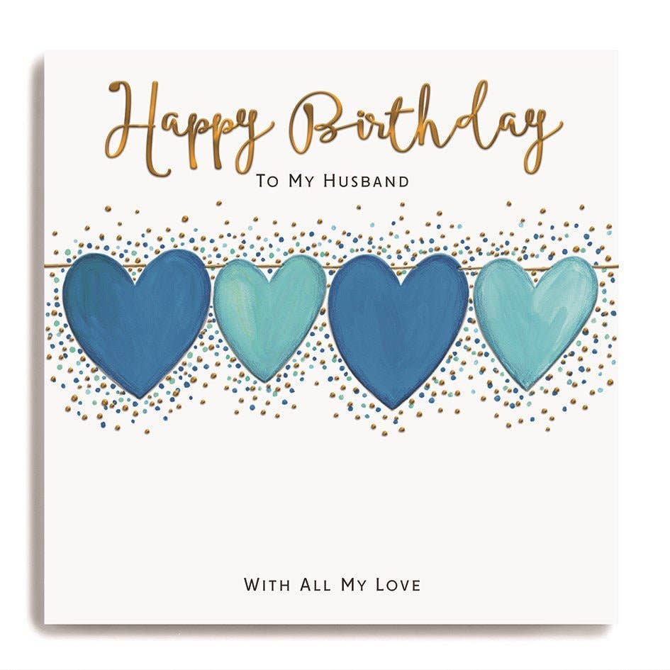 Large Happy Birthday Husband - Row Of Blue And Gold Hearts