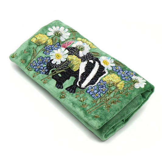 Green velvet badger jewellery roll