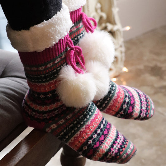 Bright Pink Fair Isle Sherpa Socks