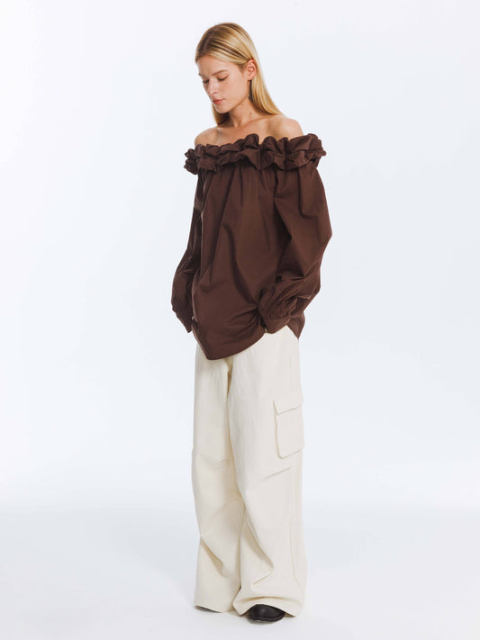 3D Ruffle Collar Long Sleeve Cotton Blouse: Maroon / UN