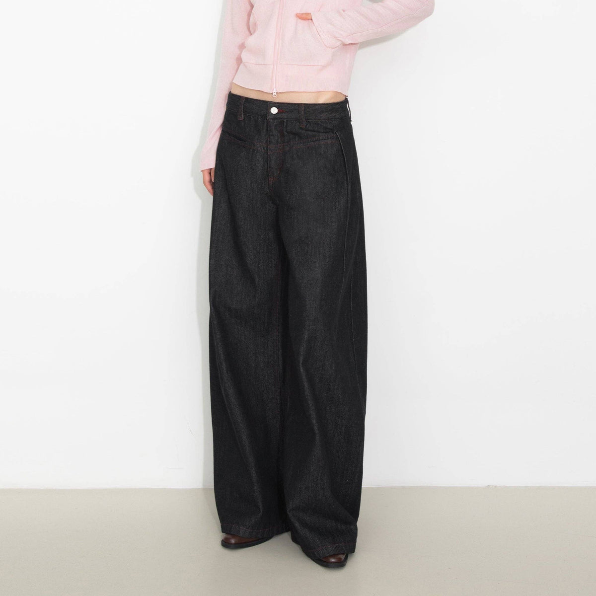 Vintage Curved Wide-Leg Trousers: Navy / S