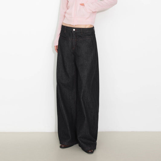 Vintage Curved Wide-Leg Trousers: Navy / L