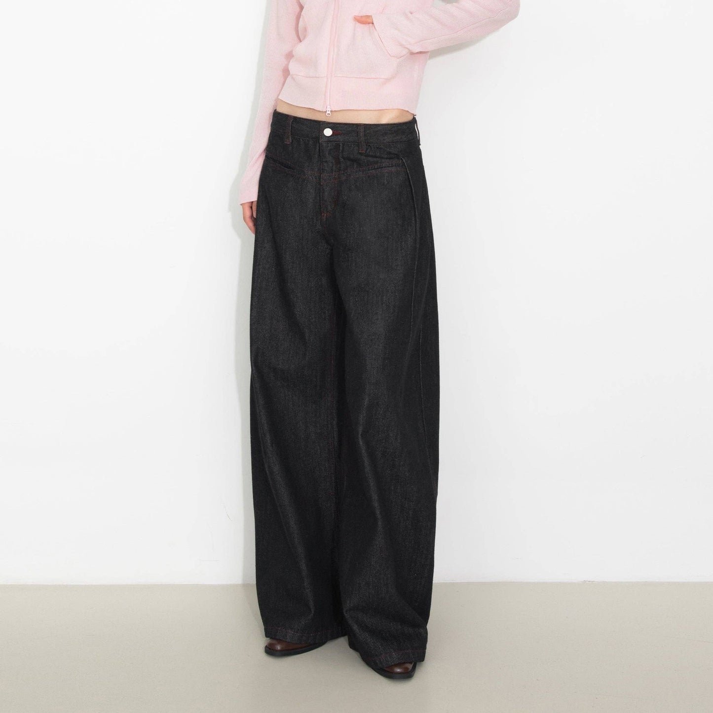 Vintage Curved Wide-Leg Trousers: Navy / M