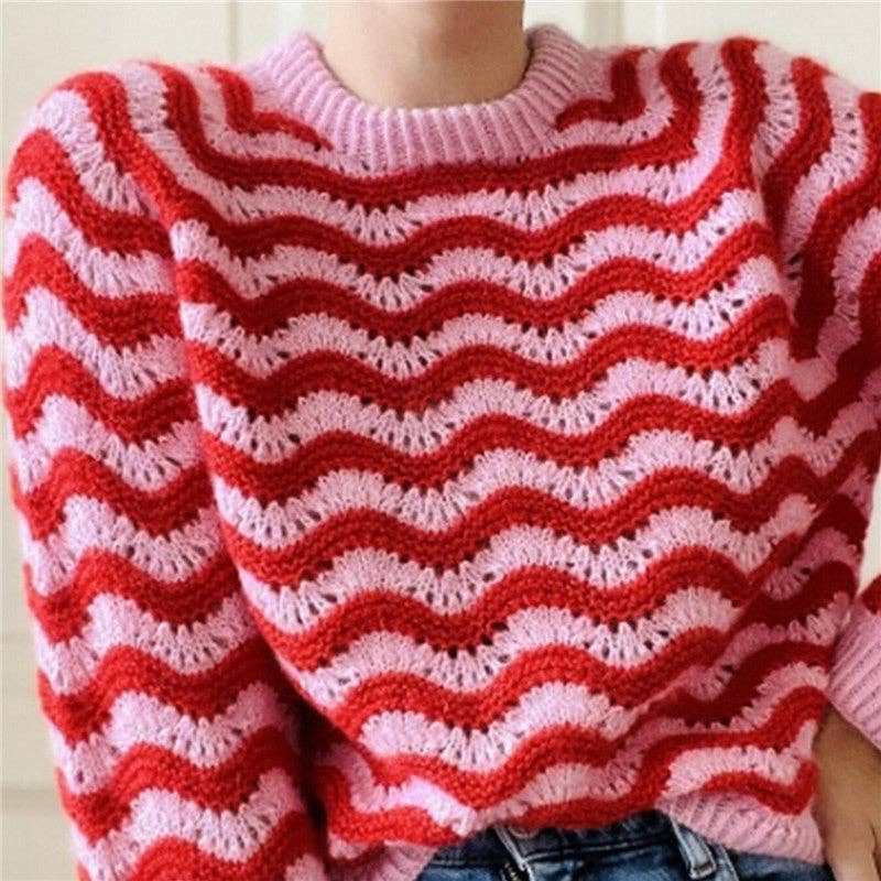 Round Neck Color Block Wave Stripe Sweater: PINK / S