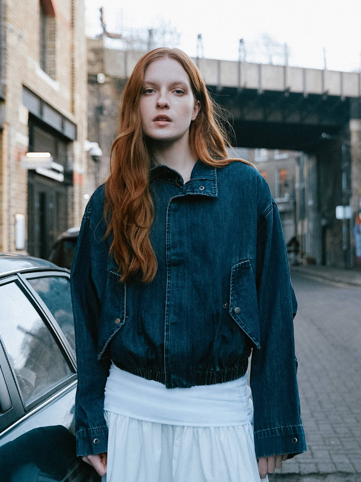 Funnel Neck Denim Jacket: SteelBlue / UN