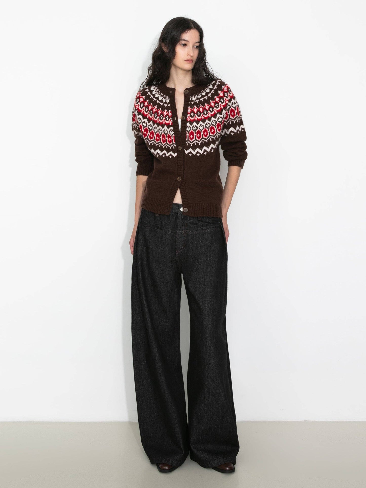 100% Wool Fair Isle Wool Knit Cardigan: Brown / S