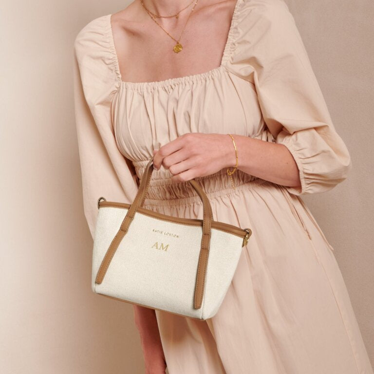 CAPRI CANVAS MINI TOTE BAG IN OFF WHITE & TAN