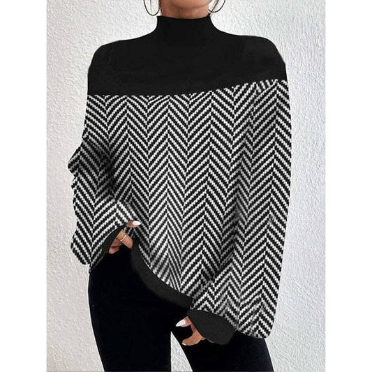 Long Sleeves Loose Split-Joint Striped High Neck  Sweater BLACK