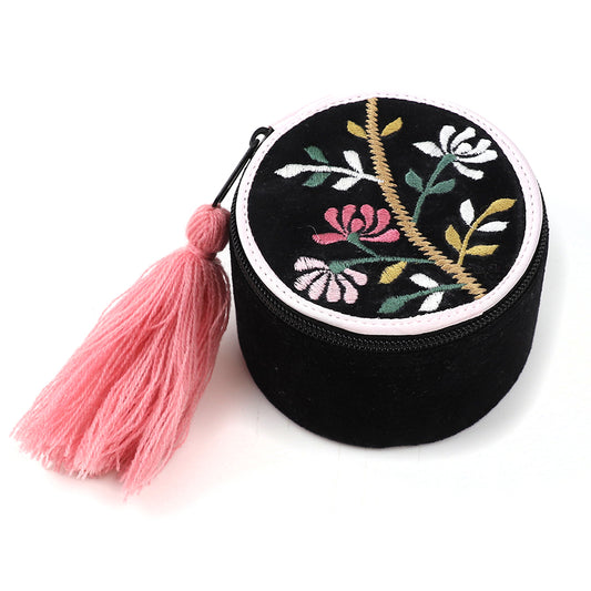Black velvet and pink mix tropical bird embroidered trinket box