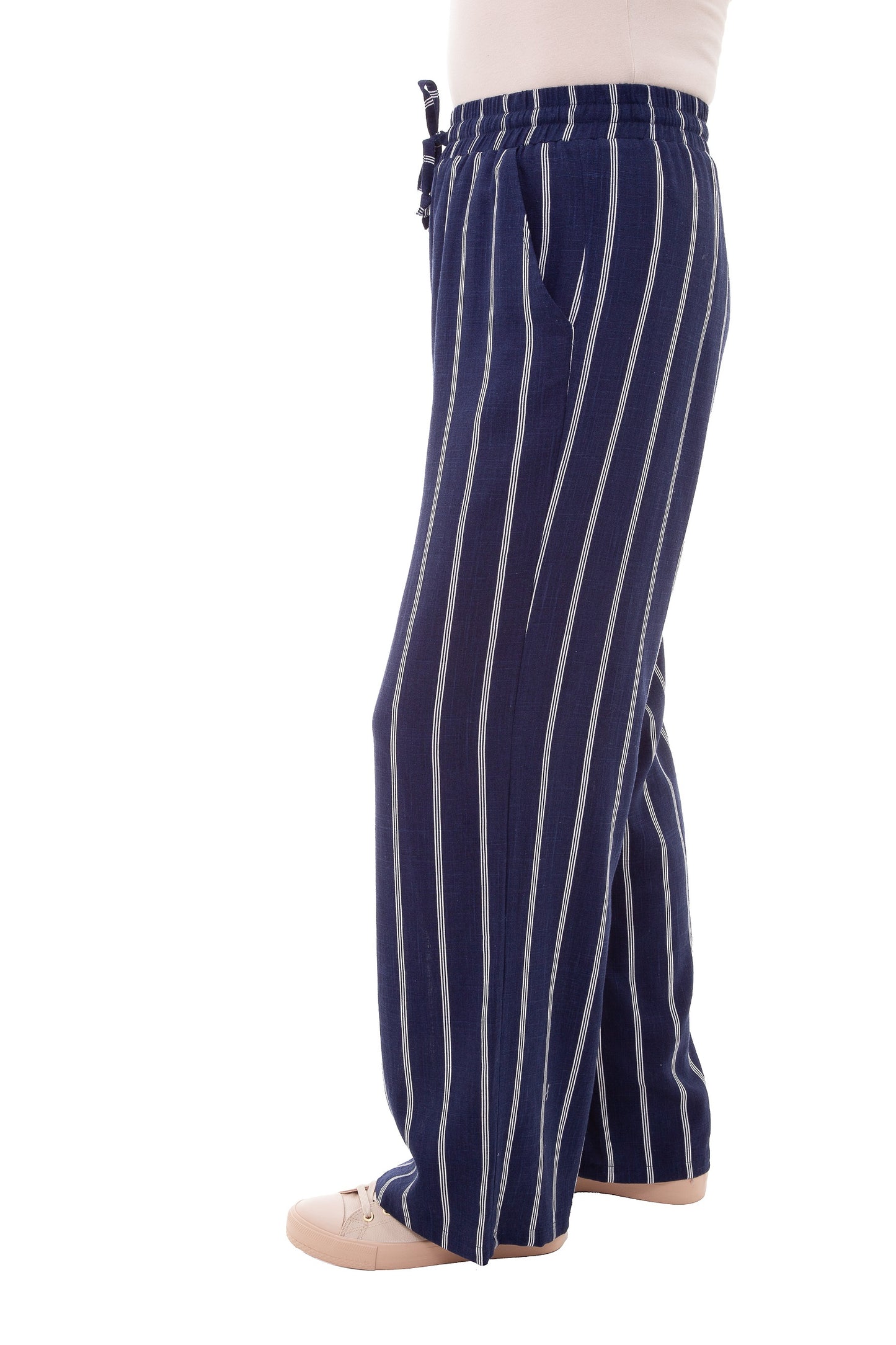 NAVY LINEN PINSTRIPE PALAZZO PANT