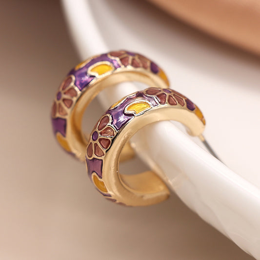 Gold & Purple enamel hoop earrings