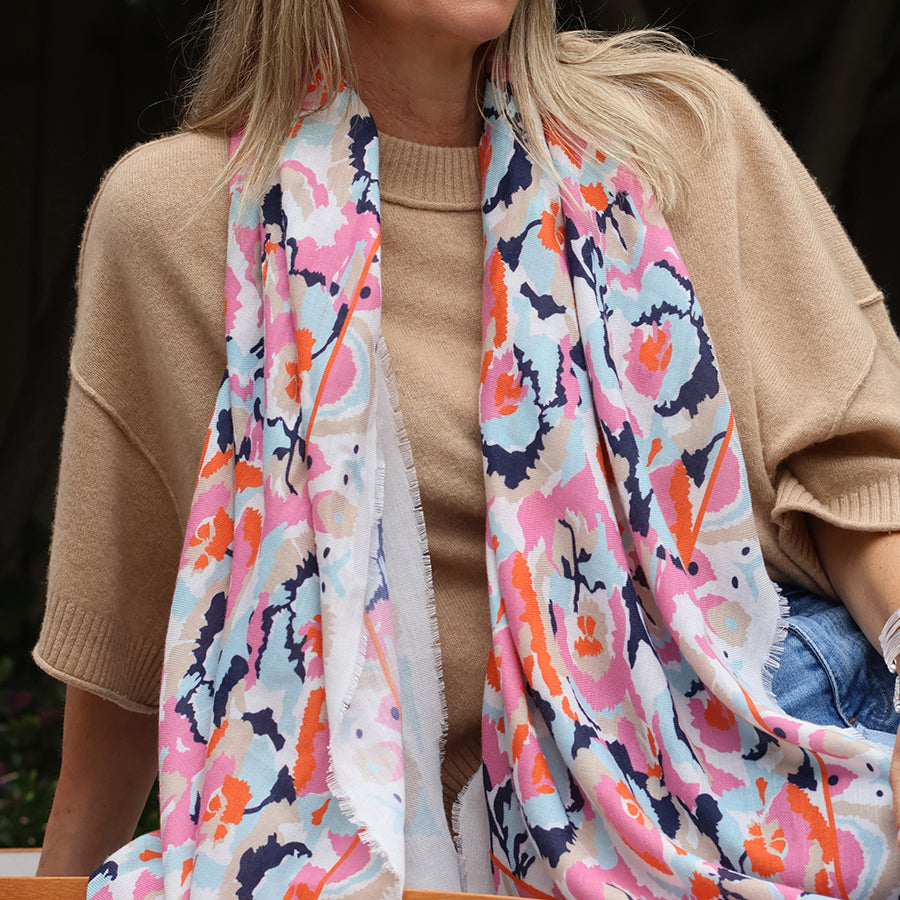 White, coral and navy recycled scarf