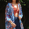 Blue and rust botanical print long kimono