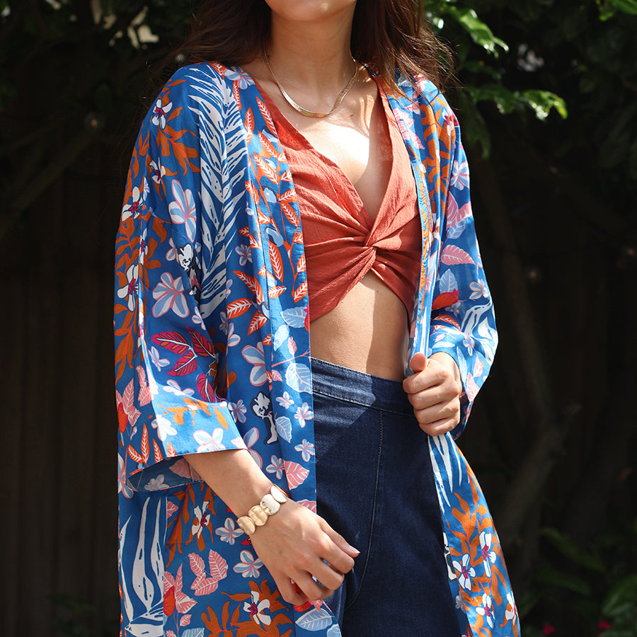 Blue and rust botanical print long kimono
