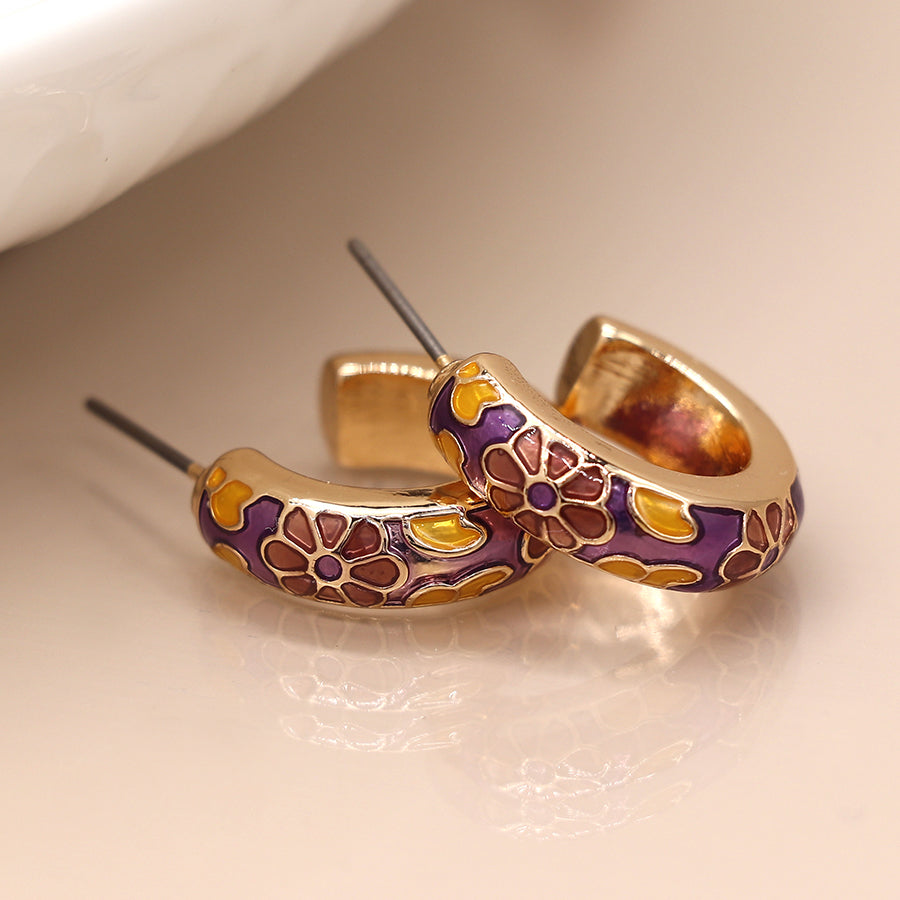 Gold & Purple enamel hoop earrings