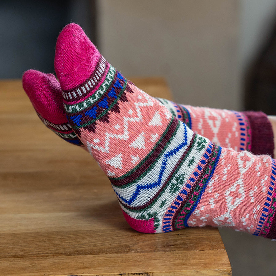 CORAL MIX NORDIC DESIGN WOOL BLEND COSY SOCKS