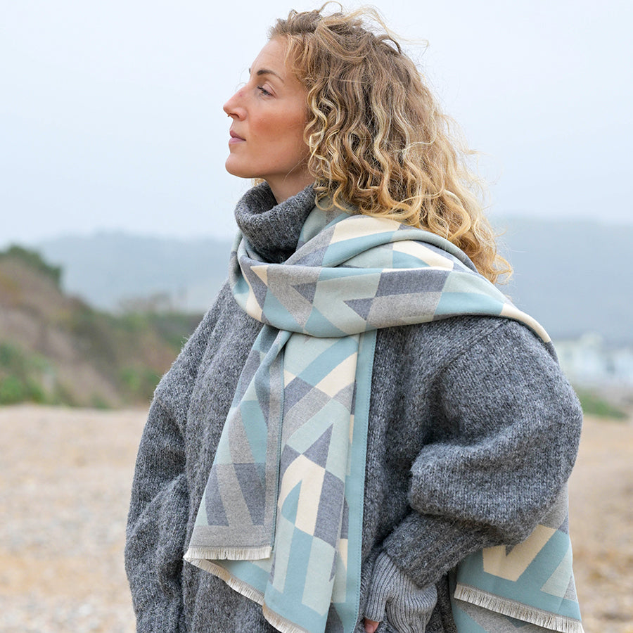 Grey and duck egg chevron scarf