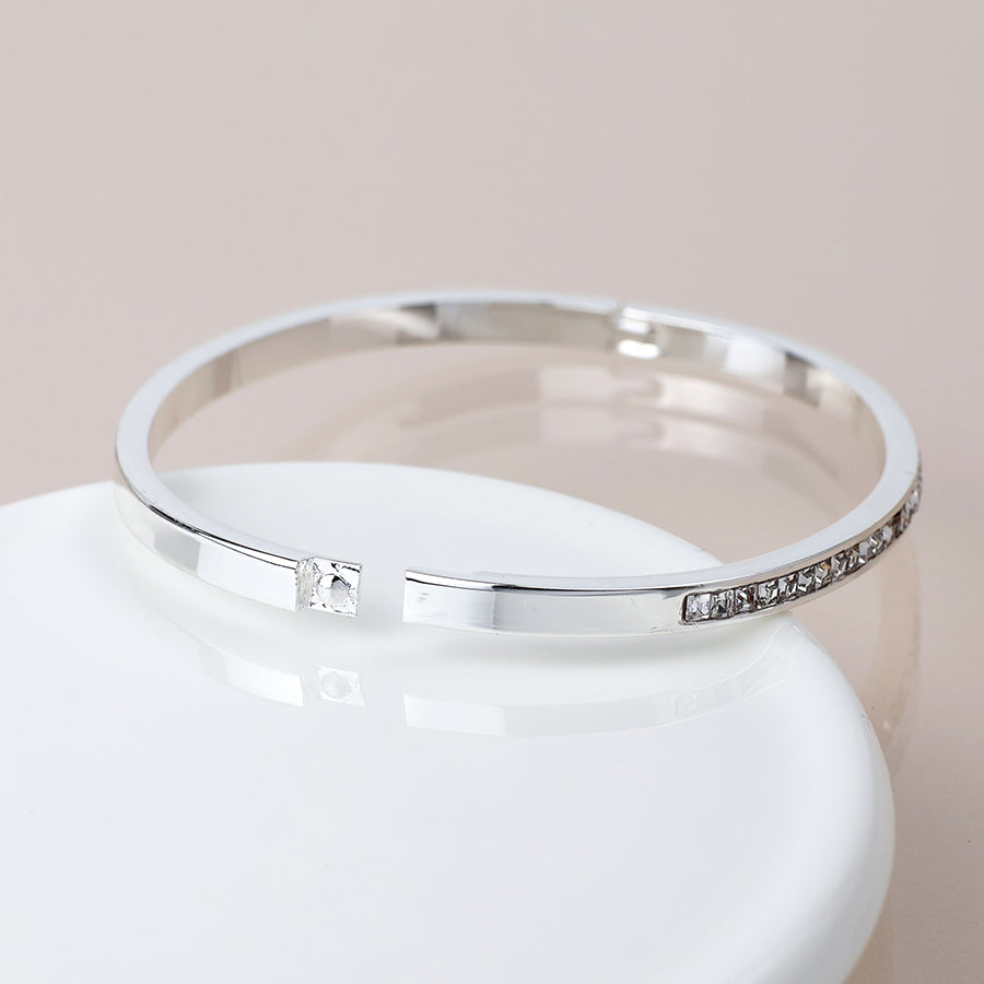 Silver plated clear crystals hinged bangle