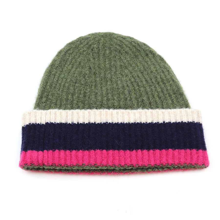 Green and pink mix ribbed beanie hat