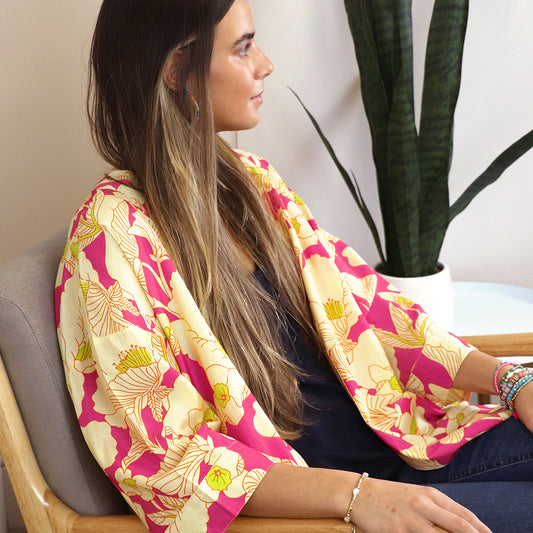 Long pink and lime mix tropical floral print kimono