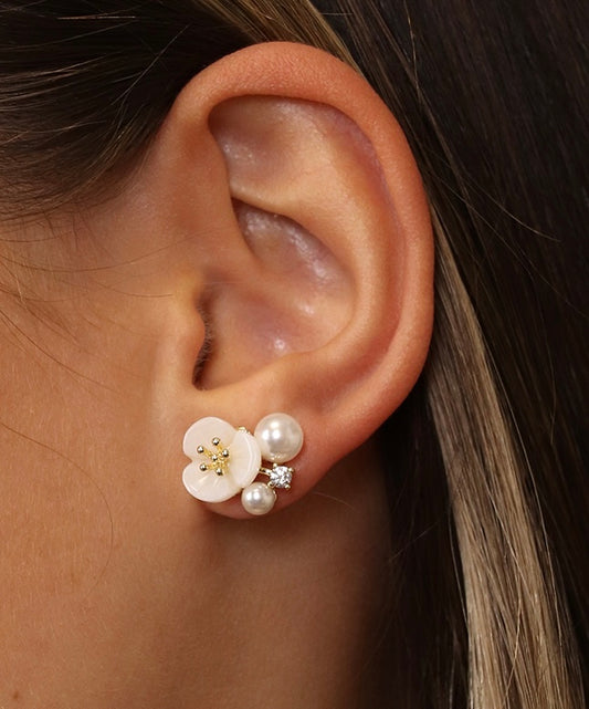 Faux Gold Plated Flower Pearl Cluster Studs