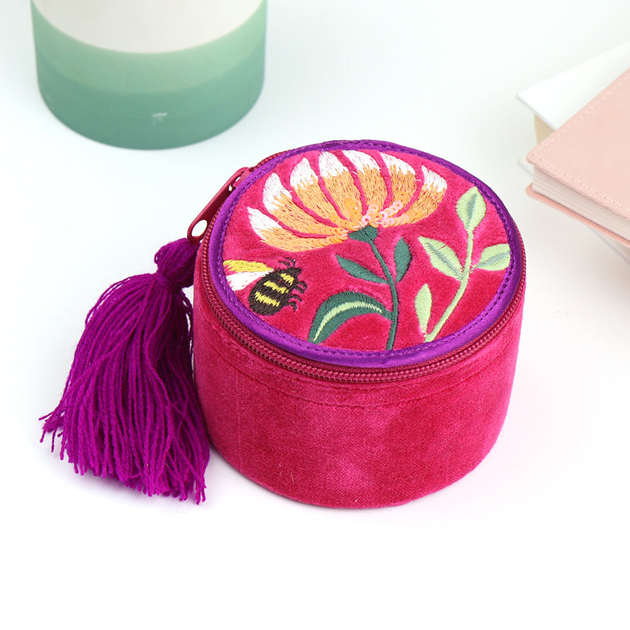 Fushcia velvet embroidered trinket case